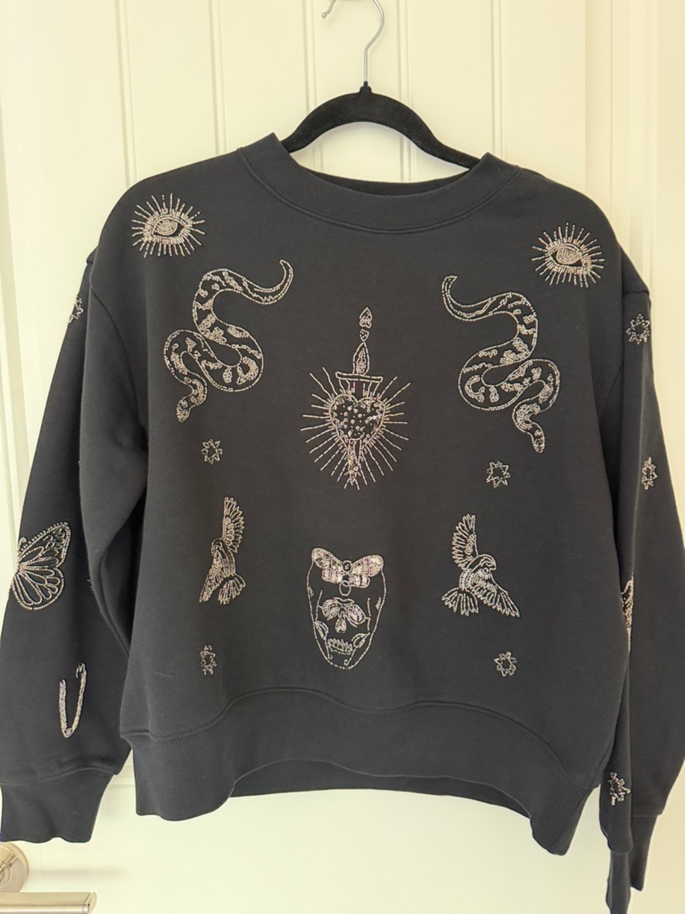 All Saints Black Crewneck Sweater with Metallic Embroidered Motifs